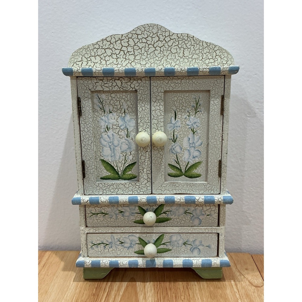 Floral Wooden Armoire Chest Jewelry Keepsake Box 2 Drawers Magnetic Close Doors